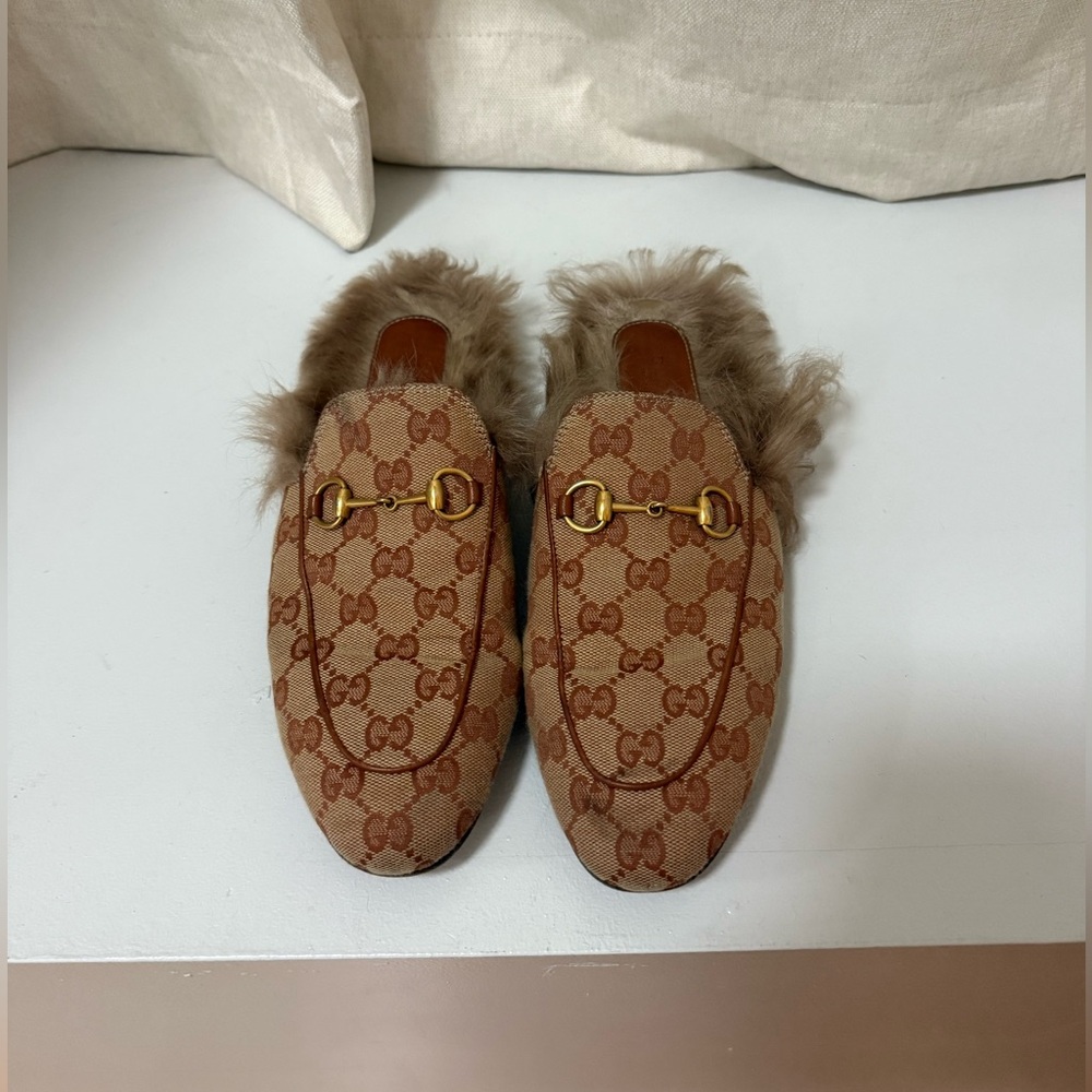 Gucci GG Fur Canvas Princetown Mules